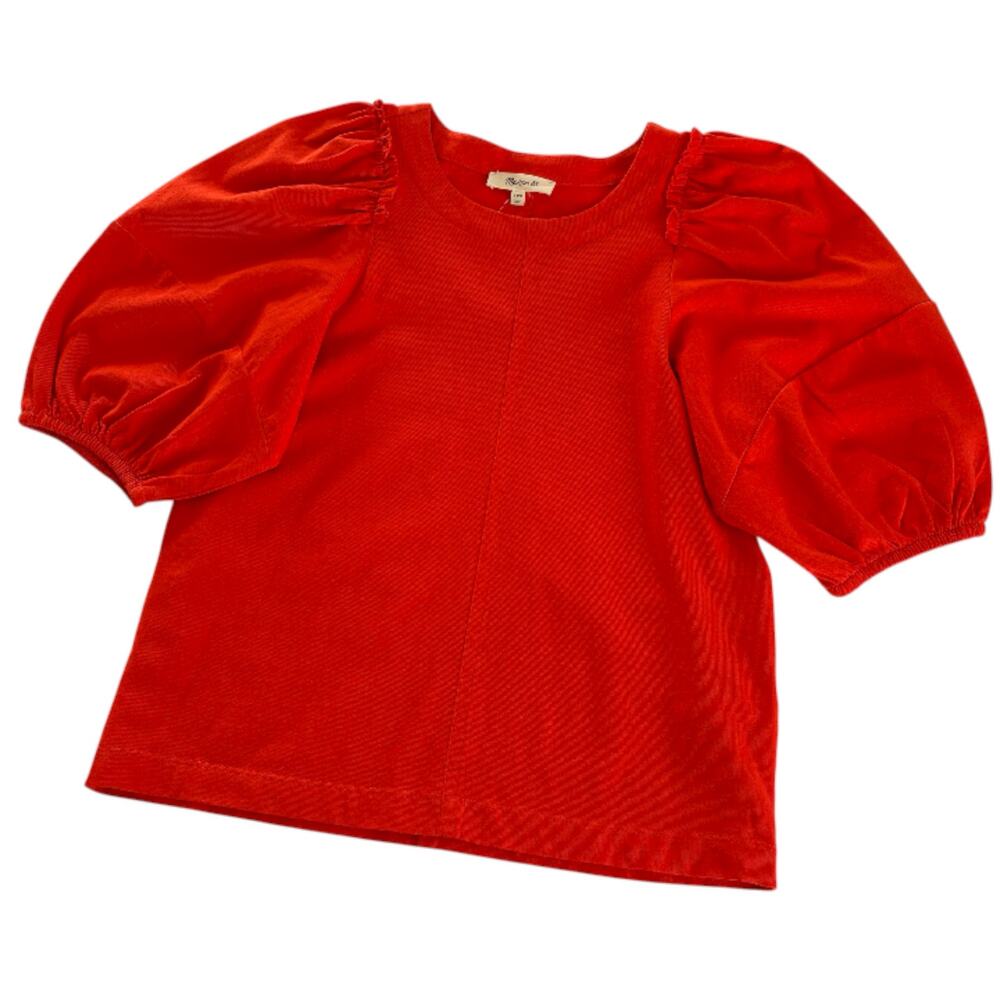 Madewell Puff Sleeve Cotton Crewneck Tee Shirt Bright Flame Women’s Size XXS NWT